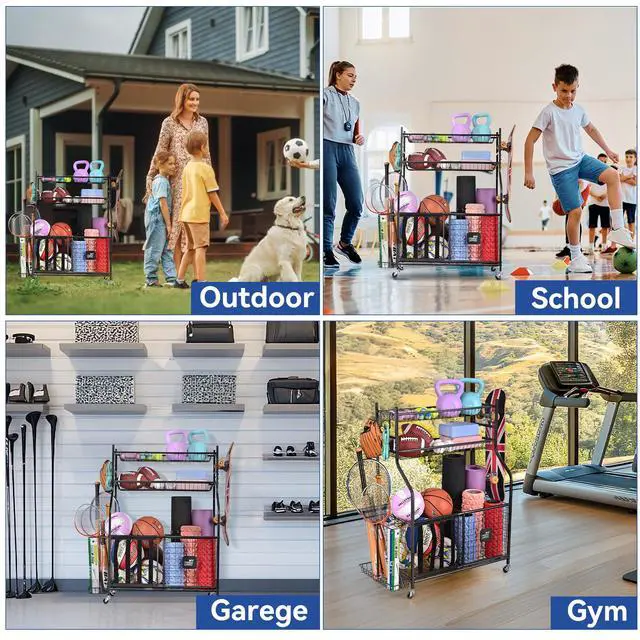 Alt view image 5 of 6 - Garage Sports Equipment Organizer, Baseball Storage Large Capacity, Sports Organizer for Garage with Hooks and Baskets, Ball Storage Rack for Football, Soccer Ball, Bat, Toys