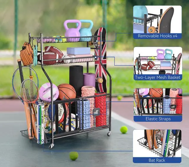 Alt view image 6 of 6 - Garage Sports Equipment Organizer, Baseball Storage Large Capacity, Sports Organizer for Garage with Hooks and Baskets, Ball Storage Rack for Football, Soccer Ball, Bat, Toys