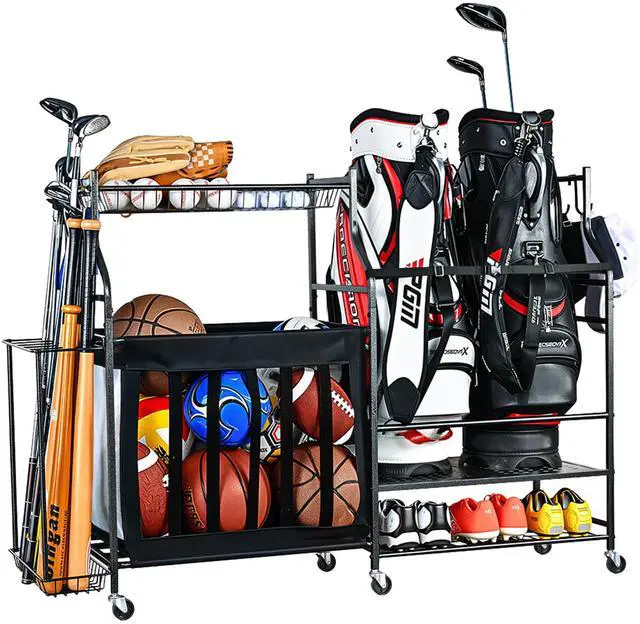 Main image of Sports Equipment Organizer Rack, Garage Ball Rack, 2 Golf Bag Storage and Sports Gear Organizer for Garage