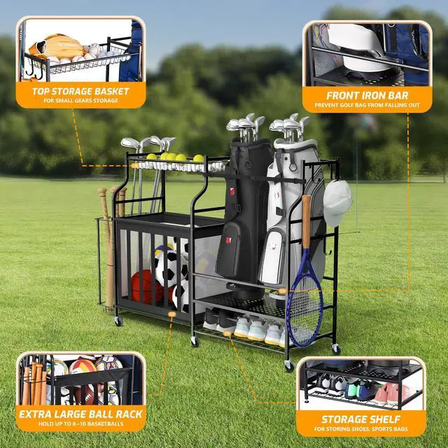 Alt view image 2 of 7 - Sports Equipment Organizer Rack, Garage Ball Rack, 2 Golf Bag Storage and Sports Gear Organizer for Garage