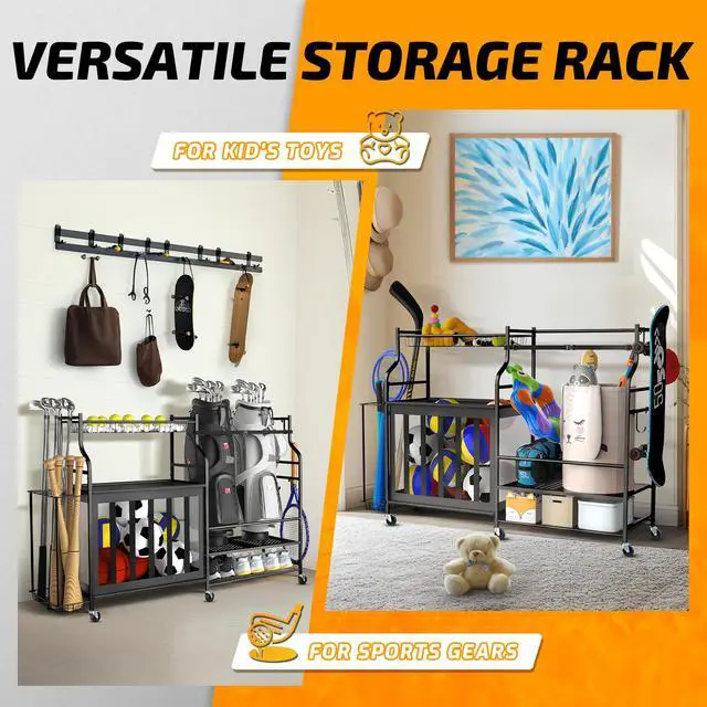 Alt view image 3 of 7 - Sports Equipment Organizer Rack, Garage Ball Rack, 2 Golf Bag Storage and Sports Gear Organizer for Garage