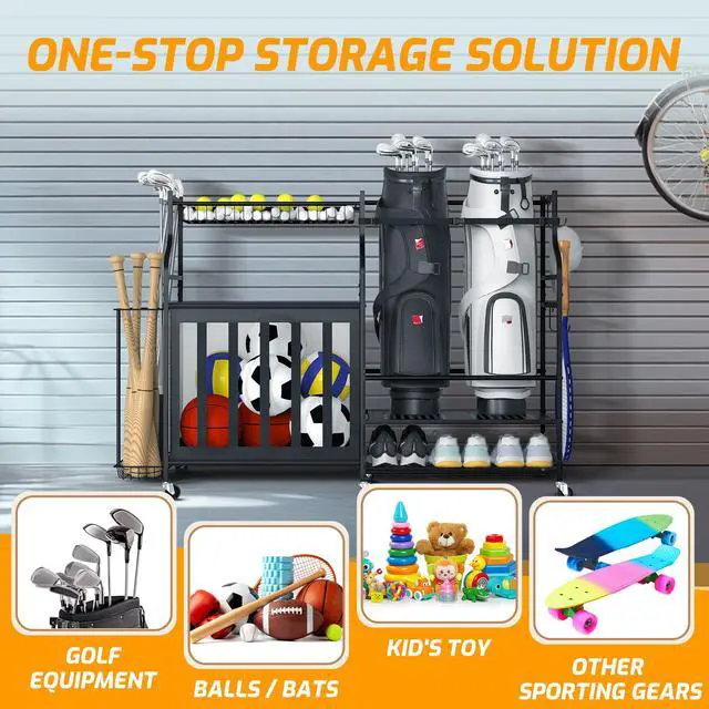 Alt view image 4 of 7 - Sports Equipment Organizer Rack, Garage Ball Rack, 2 Golf Bag Storage and Sports Gear Organizer for Garage