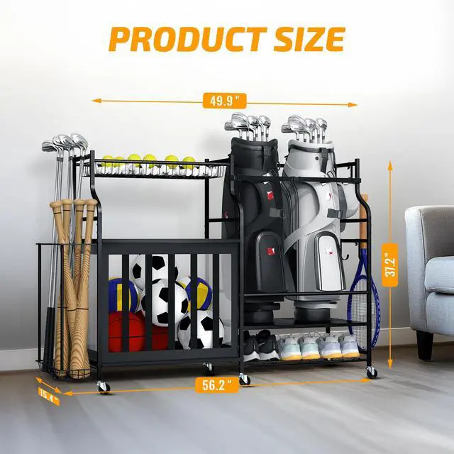 Alt view image 6 of 7 - Sports Equipment Organizer Rack, Garage Ball Rack, 2 Golf Bag Storage and Sports Gear Organizer for Garage