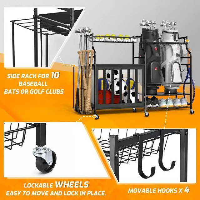 Alt view image 5 of 7 - Sports Equipment Organizer Rack, Garage Ball Rack, 2 Golf Bag Storage and Sports Gear Organizer for Garage