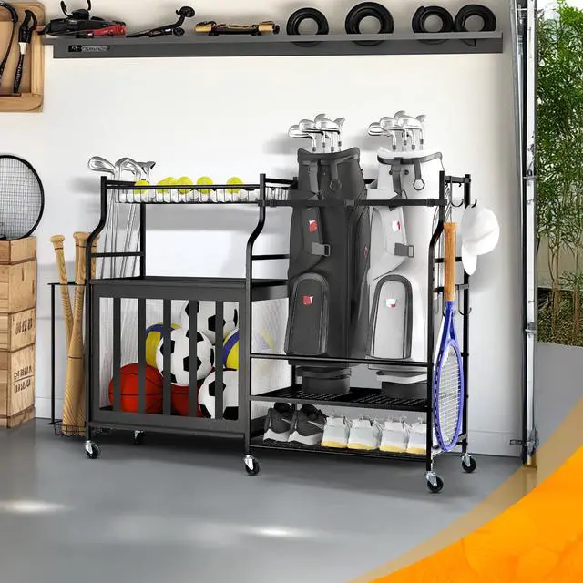 Alt view image 7 of 7 - Sports Equipment Organizer Rack, Garage Ball Rack, 2 Golf Bag Storage and Sports Gear Organizer for Garage