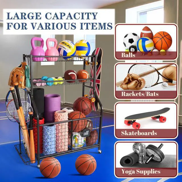 Alt view image 2 of 6 - Sports Equipment Garage Organizer,Garage Ball Storage for Sports Gear and Toys, Rolling Ball Cart with Wheels for Indoor/Outdoor Use
