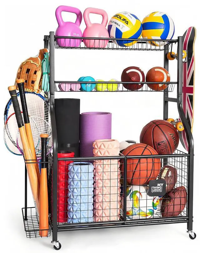 Main image of Sports Equipment Garage Organizer,Garage Ball Storage for Sports Gear and Toys, Rolling Ball Cart with Wheels for Indoor/Outdoor Use