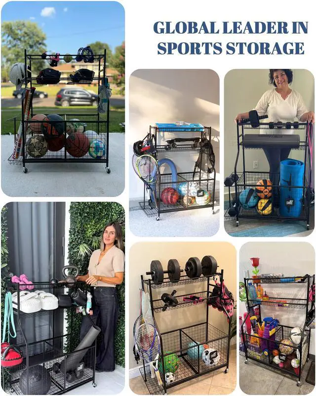 Alt view image 4 of 6 - Sports Equipment Garage Organizer,Garage Ball Storage for Sports Gear and Toys, Rolling Ball Cart with Wheels for Indoor/Outdoor Use