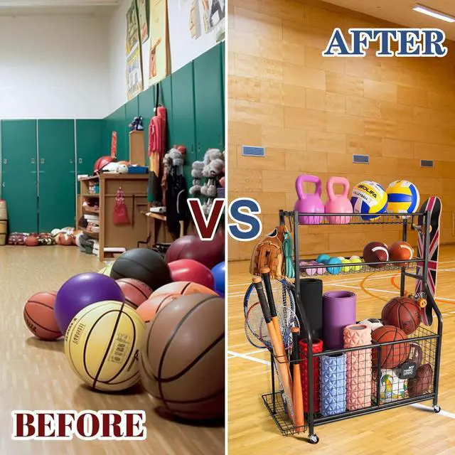 Alt view image 6 of 6 - Sports Equipment Garage Organizer,Garage Ball Storage for Sports Gear and Toys, Rolling Ball Cart with Wheels for Indoor/Outdoor Use