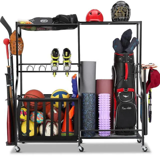 Main image of Garage Sports Equipment Organizer with Wheels - Golf Bag Storage Rack and Ball Storage Bins, Heavy Duty Rolling Garage Organizer System with Basket and Hooks for Indoor (Black-Large)