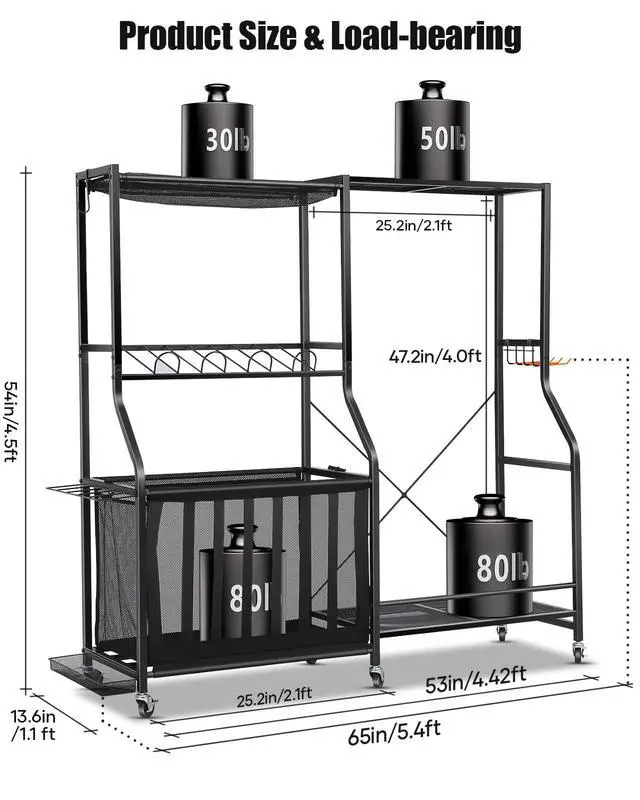 Alt view image 2 of 7 - Garage Sports Equipment Organizer with Wheels - Golf Bag Storage Rack and Ball Storage Bins, Heavy Duty Rolling Garage Organizer System with Basket and Hooks for Indoor (Black-Large)
