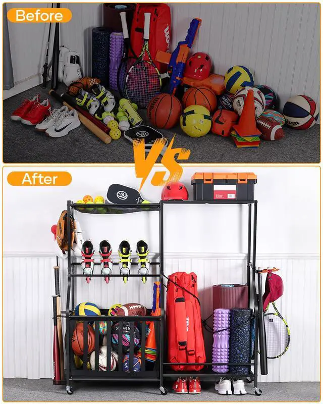 Alt view image 3 of 7 - Garage Sports Equipment Organizer with Wheels - Golf Bag Storage Rack and Ball Storage Bins, Heavy Duty Rolling Garage Organizer System with Basket and Hooks for Indoor (Black-Large)