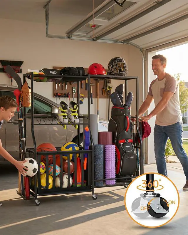 Alt view image 4 of 7 - Garage Sports Equipment Organizer with Wheels - Golf Bag Storage Rack and Ball Storage Bins, Heavy Duty Rolling Garage Organizer System with Basket and Hooks for Indoor (Black-Large)