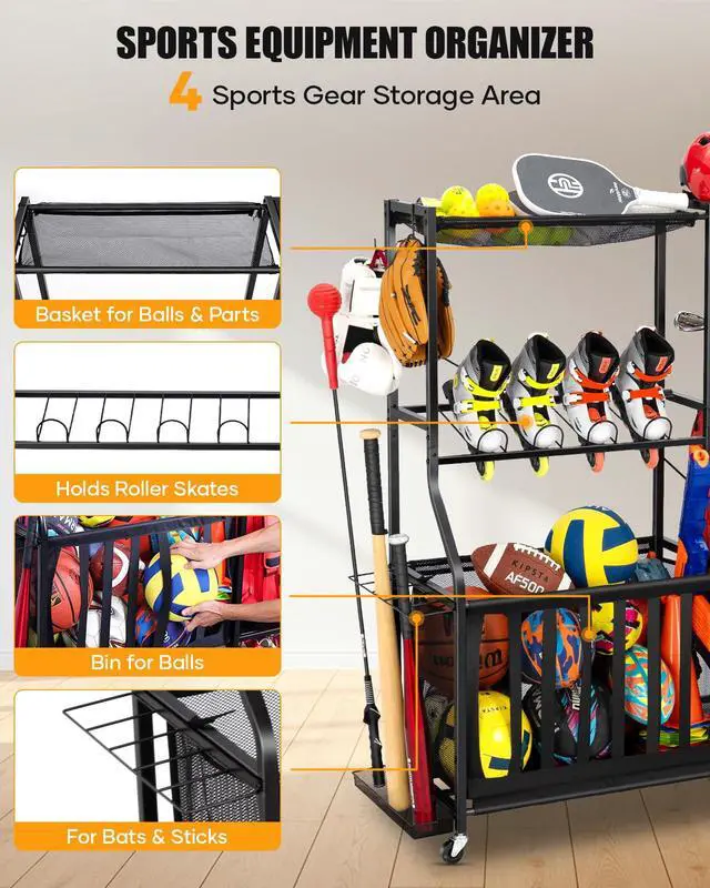 Alt view image 5 of 7 - Garage Sports Equipment Organizer with Wheels - Golf Bag Storage Rack and Ball Storage Bins, Heavy Duty Rolling Garage Organizer System with Basket and Hooks for Indoor (Black-Large)
