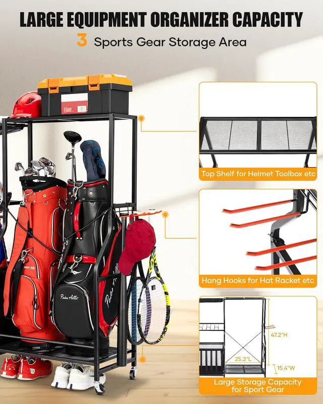 Alt view image 6 of 7 - Garage Sports Equipment Organizer with Wheels - Golf Bag Storage Rack and Ball Storage Bins, Heavy Duty Rolling Garage Organizer System with Basket and Hooks for Indoor (Black-Large)