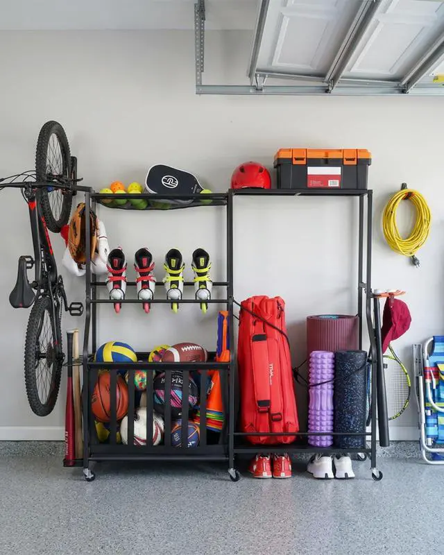 Alt view image 7 of 7 - Garage Sports Equipment Organizer with Wheels - Golf Bag Storage Rack and Ball Storage Bins, Heavy Duty Rolling Garage Organizer System with Basket and Hooks for Indoor (Black-Large)