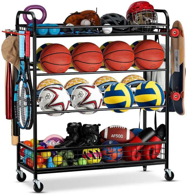 Main image of Garage Sports Equipment Organizer - Rolling Ball Storage Bin with Wheels, Garage Sports Gear Rack Outdoor Basketball Racks for Balls with Baseball Bat Holder and Hooks, Toy Organizer