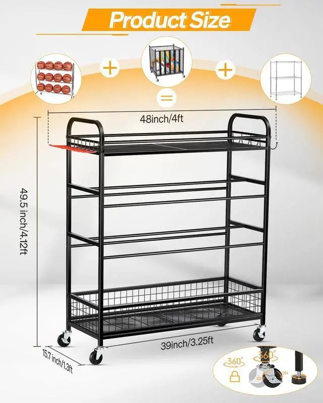 Alt view image 2 of 7 - Garage Sports Equipment Organizer - Rolling Ball Storage Bin with Wheels, Garage Sports Gear Rack Outdoor Basketball Racks for Balls with Baseball Bat Holder and Hooks, Toy Organizer
