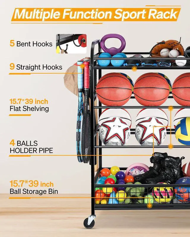 Alt view image 3 of 7 - Garage Sports Equipment Organizer - Rolling Ball Storage Bin with Wheels, Garage Sports Gear Rack Outdoor Basketball Racks for Balls with Baseball Bat Holder and Hooks, Toy Organizer