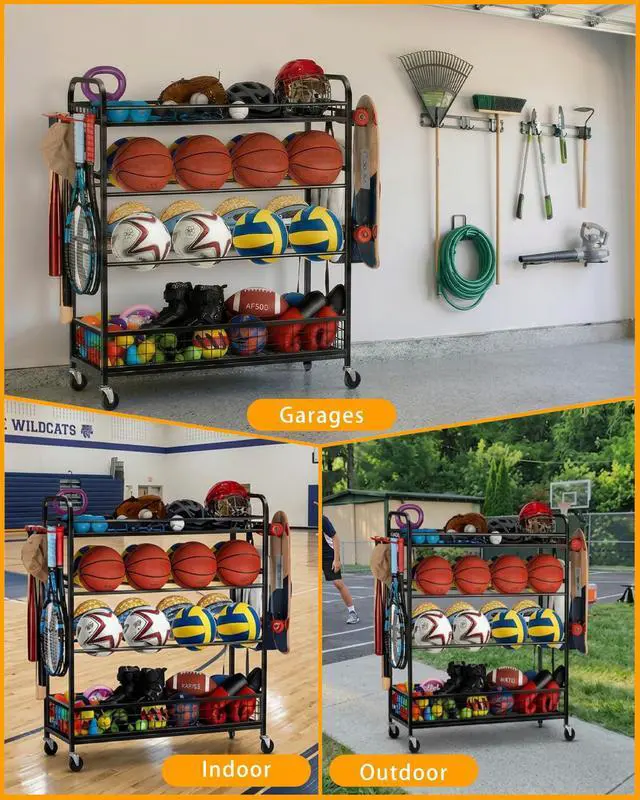 Alt view image 4 of 7 - Garage Sports Equipment Organizer - Rolling Ball Storage Bin with Wheels, Garage Sports Gear Rack Outdoor Basketball Racks for Balls with Baseball Bat Holder and Hooks, Toy Organizer