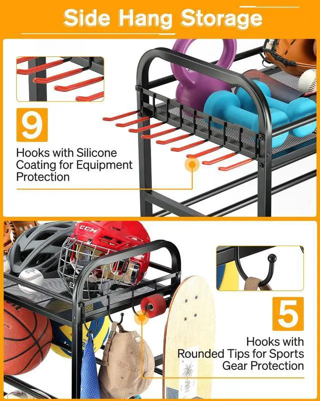 Alt view image 5 of 7 - Garage Sports Equipment Organizer - Rolling Ball Storage Bin with Wheels, Garage Sports Gear Rack Outdoor Basketball Racks for Balls with Baseball Bat Holder and Hooks, Toy Organizer