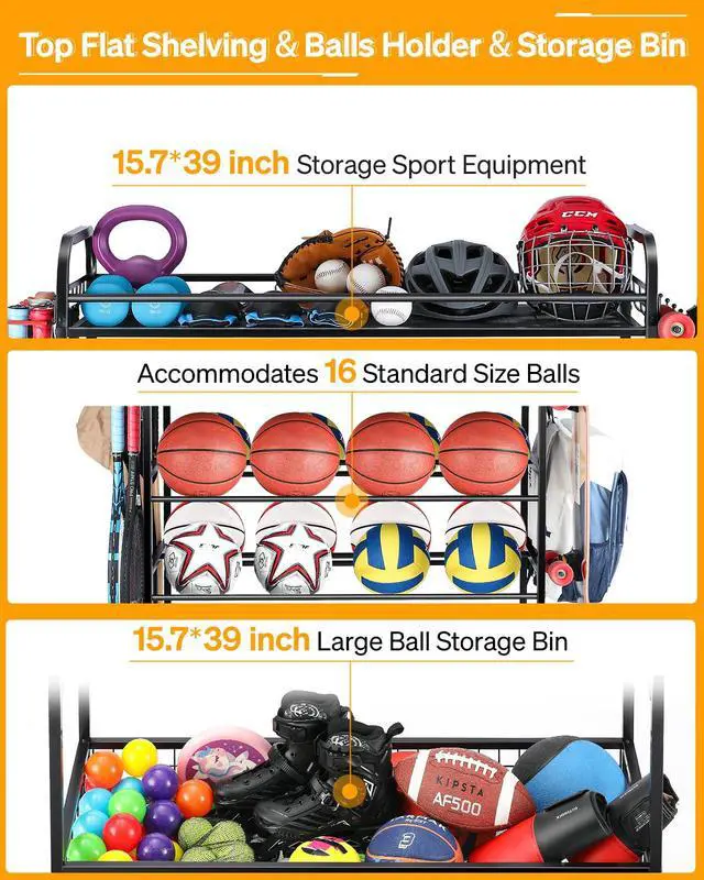 Alt view image 6 of 7 - Garage Sports Equipment Organizer - Rolling Ball Storage Bin with Wheels, Garage Sports Gear Rack Outdoor Basketball Racks for Balls with Baseball Bat Holder and Hooks, Toy Organizer