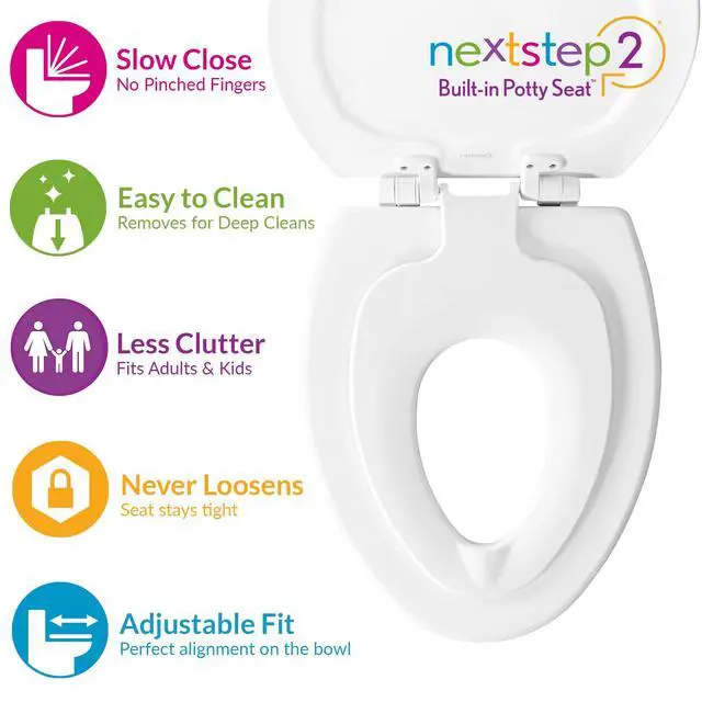 Alt view image 2 of 7 - NextStep2 Toilet Seat with Built-In Potty Training Seat, Slow-Close, Removable that will Never Loosen, Elongated, White, 2-Pack