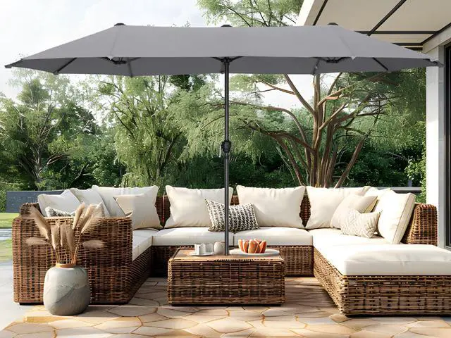 Main image of 13ft Large Patio Umbrellas, Double-Sided Outdoor Market Rectangle Umbrella for Outside, Light Gray