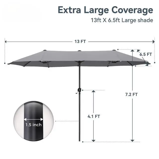 Alt view image 3 of 7 - 13ft Large Patio Umbrellas, Double-Sided Outdoor Market Rectangle Umbrella for Outside, Light Gray