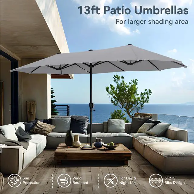Alt view image 7 of 7 - 13ft Large Patio Umbrellas, Double-Sided Outdoor Market Rectangle Umbrella for Outside, Light Gray