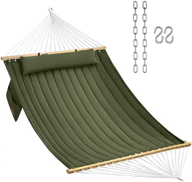 Main image of Double Quilted Fabric Hammock with Hardwood Spreader Bars and Pillow 450 LBS Capacity 2 Person Large Hammock for Outdoor Patio Backyard Poolside - Green