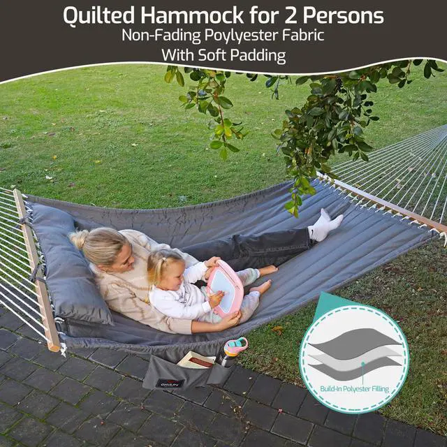 Alt view image 2 of 7 - Double Quilted Fabric Hammock with Hardwood Spreader Bars and Pillow 450 LBS Capacity 2 Person Large Hammock for Outdoor Patio Backyard Poolside - Green