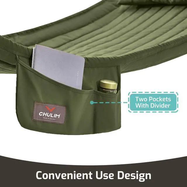 Alt view image 3 of 7 - Double Quilted Fabric Hammock with Hardwood Spreader Bars and Pillow 450 LBS Capacity 2 Person Large Hammock for Outdoor Patio Backyard Poolside - Green
