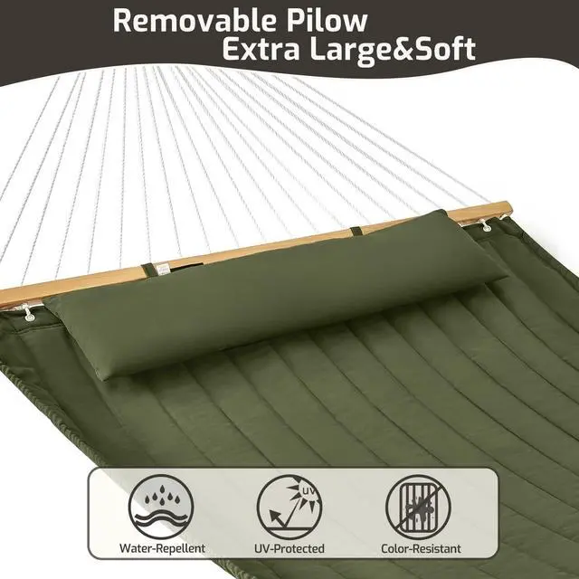 Alt view image 4 of 7 - Double Quilted Fabric Hammock with Hardwood Spreader Bars and Pillow 450 LBS Capacity 2 Person Large Hammock for Outdoor Patio Backyard Poolside - Green