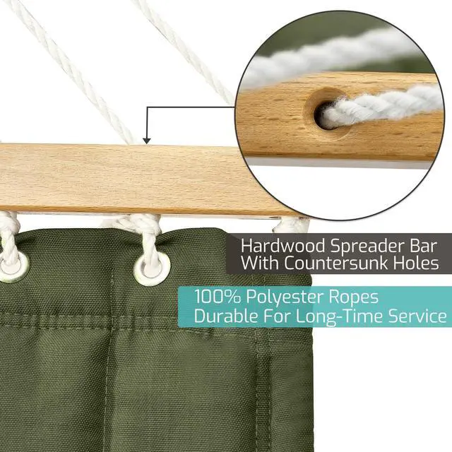 Alt view image 5 of 7 - Double Quilted Fabric Hammock with Hardwood Spreader Bars and Pillow 450 LBS Capacity 2 Person Large Hammock for Outdoor Patio Backyard Poolside - Green