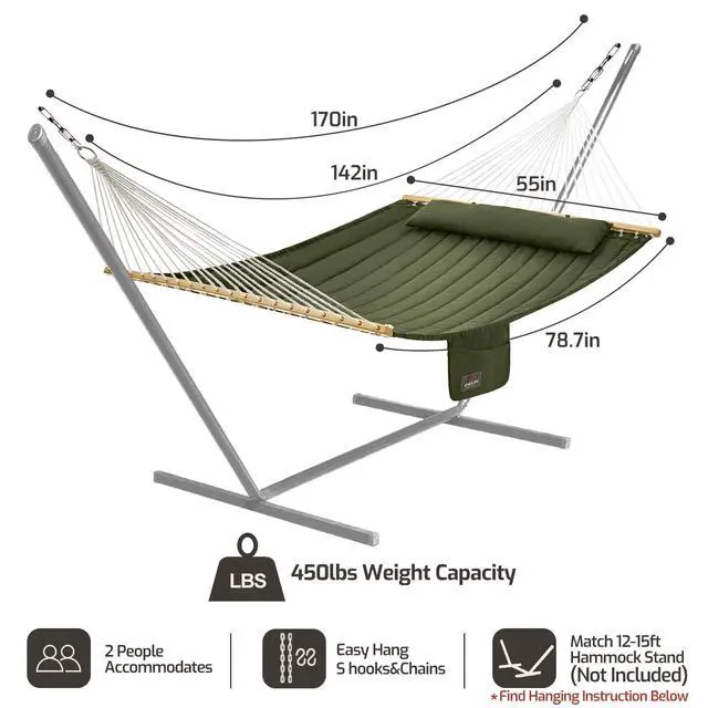 Alt view image 6 of 7 - Double Quilted Fabric Hammock with Hardwood Spreader Bars and Pillow 450 LBS Capacity 2 Person Large Hammock for Outdoor Patio Backyard Poolside - Green