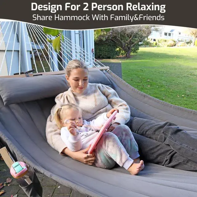 Alt view image 7 of 7 - Double Quilted Fabric Hammock with Hardwood Spreader Bars and Pillow 450 LBS Capacity 2 Person Large Hammock for Outdoor Patio Backyard Poolside - Green
