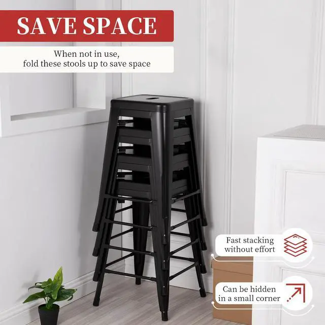 Alt view image 4 of 6 - Metal Bar Stools Set of 4 Counter Height Bar Stools 24 Inches Industrial Bar Chairs Patio Stool Stackable Backless Stool Indoor Outdoor Metal Kitchen Stools Bar Chairs (Black, 24")