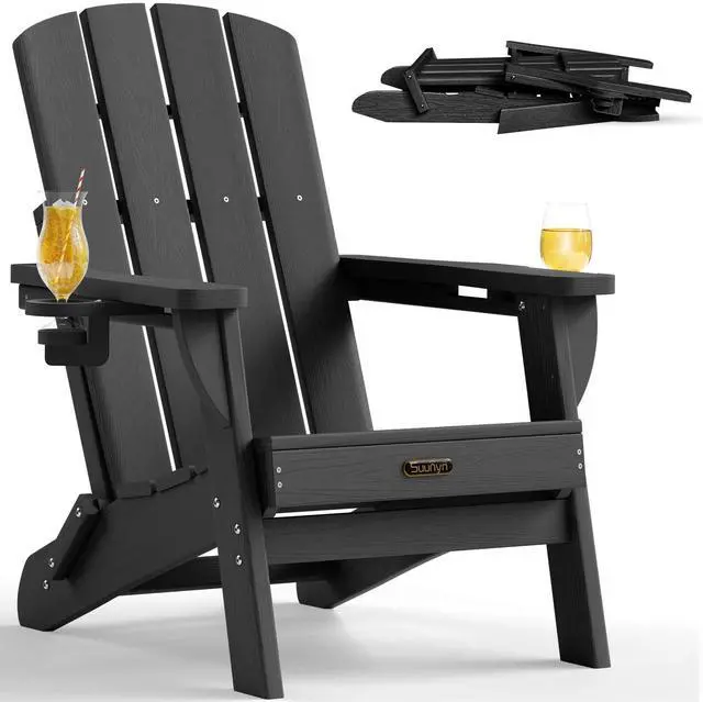 Main image of Folding Adirondack Chair, HDPE Adirondack Chairs with 2 Cup Holder, Plastic All-Weather Fire Pit Chairs, Outdoor Lawn Chair for Patio Garden (Black)