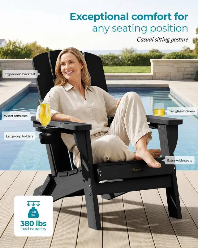 Alt view image 2 of 7 - Folding Adirondack Chair, HDPE Adirondack Chairs with 2 Cup Holder, Plastic All-Weather Fire Pit Chairs, Outdoor Lawn Chair for Patio Garden (Black)