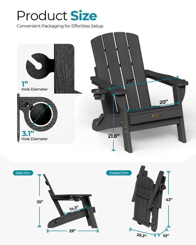 Alt view image 3 of 7 - Folding Adirondack Chair, HDPE Adirondack Chairs with 2 Cup Holder, Plastic All-Weather Fire Pit Chairs, Outdoor Lawn Chair for Patio Garden (Black)