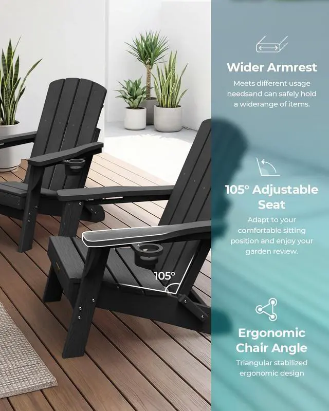 Alt view image 4 of 7 - Folding Adirondack Chair, HDPE Adirondack Chairs with 2 Cup Holder, Plastic All-Weather Fire Pit Chairs, Outdoor Lawn Chair for Patio Garden (Black)