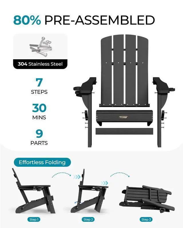Alt view image 5 of 7 - Folding Adirondack Chair, HDPE Adirondack Chairs with 2 Cup Holder, Plastic All-Weather Fire Pit Chairs, Outdoor Lawn Chair for Patio Garden (Black)