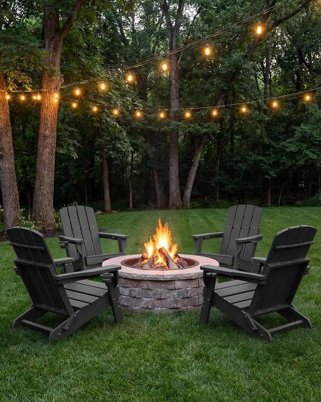 Alt view image 7 of 7 - Folding Adirondack Chair, HDPE Adirondack Chairs with 2 Cup Holder, Plastic All-Weather Fire Pit Chairs, Outdoor Lawn Chair for Patio Garden (Black)