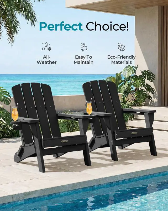 Alt view image 6 of 7 - Folding Adirondack Chair, HDPE Adirondack Chairs with 2 Cup Holder, Plastic All-Weather Fire Pit Chairs, Outdoor Lawn Chair for Patio Garden (Black)