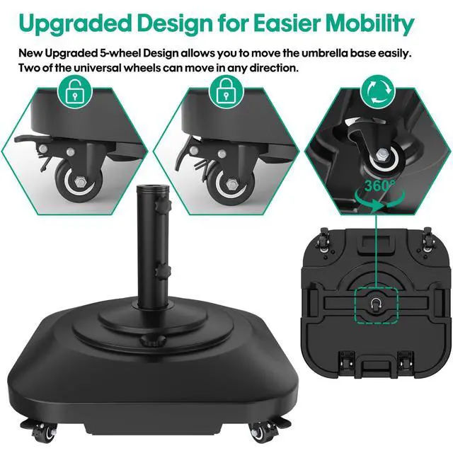 Alt view image 2 of 7 - Umbrella Base with 5 Wheels, Upgraded 145lb Umbrella Stand Base, Heavy Duty & Windproof, Fillable Umbrella Base Mobile Umbrella Outdoor for Patio, Deck, Poolside, Lawn, Fits Most Sized Umbrellas