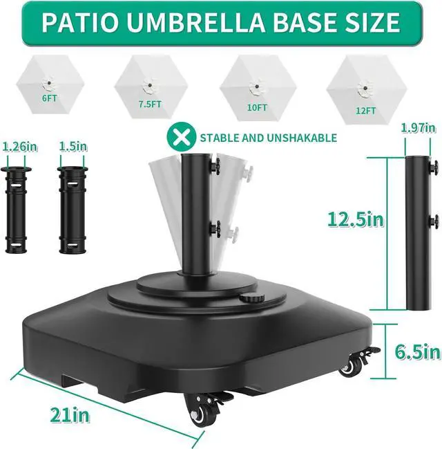 Alt view image 4 of 7 - Umbrella Base with 5 Wheels, Upgraded 145lb Umbrella Stand Base, Heavy Duty & Windproof, Fillable Umbrella Base Mobile Umbrella Outdoor for Patio, Deck, Poolside, Lawn, Fits Most Sized Umbrellas