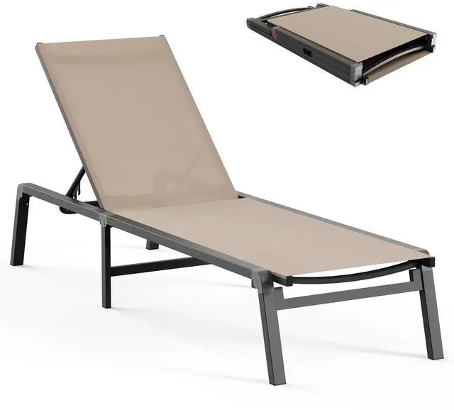 Main image of Aluminum Chaise Lounge Ourdoor - Foldable & Assemble Free Outdoor Lounge Chair with 5 Adjustable Backrest, Patio Lounge Chair for Outside Poolside Beach Pool, Khaki