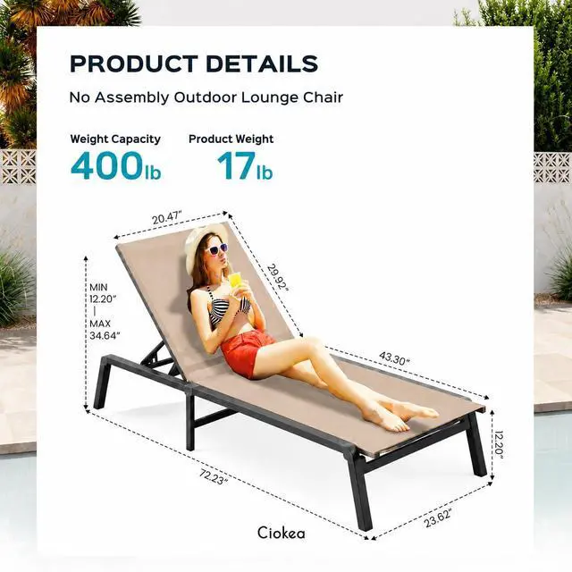 Alt view image 2 of 7 - Aluminum Chaise Lounge Ourdoor - Foldable & Assemble Free Outdoor Lounge Chair with 5 Adjustable Backrest, Patio Lounge Chair for Outside Poolside Beach Pool, Khaki
