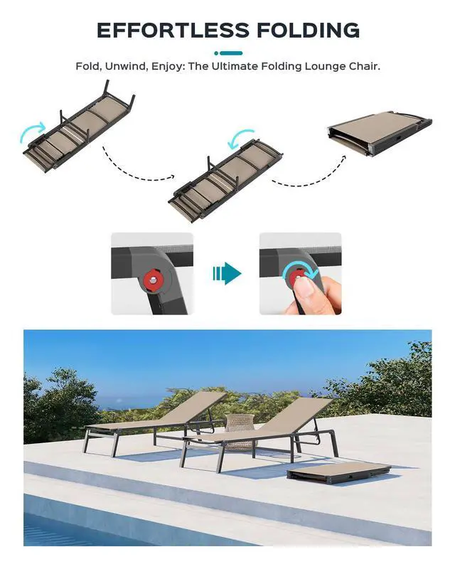 Alt view image 3 of 7 - Aluminum Chaise Lounge Ourdoor - Foldable & Assemble Free Outdoor Lounge Chair with 5 Adjustable Backrest, Patio Lounge Chair for Outside Poolside Beach Pool, Khaki